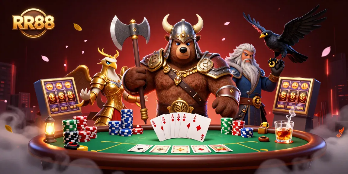 Engage in thrilling gameplay at RR88 with a Viking bear and Valkyrie, showcasing slots and poker elements.