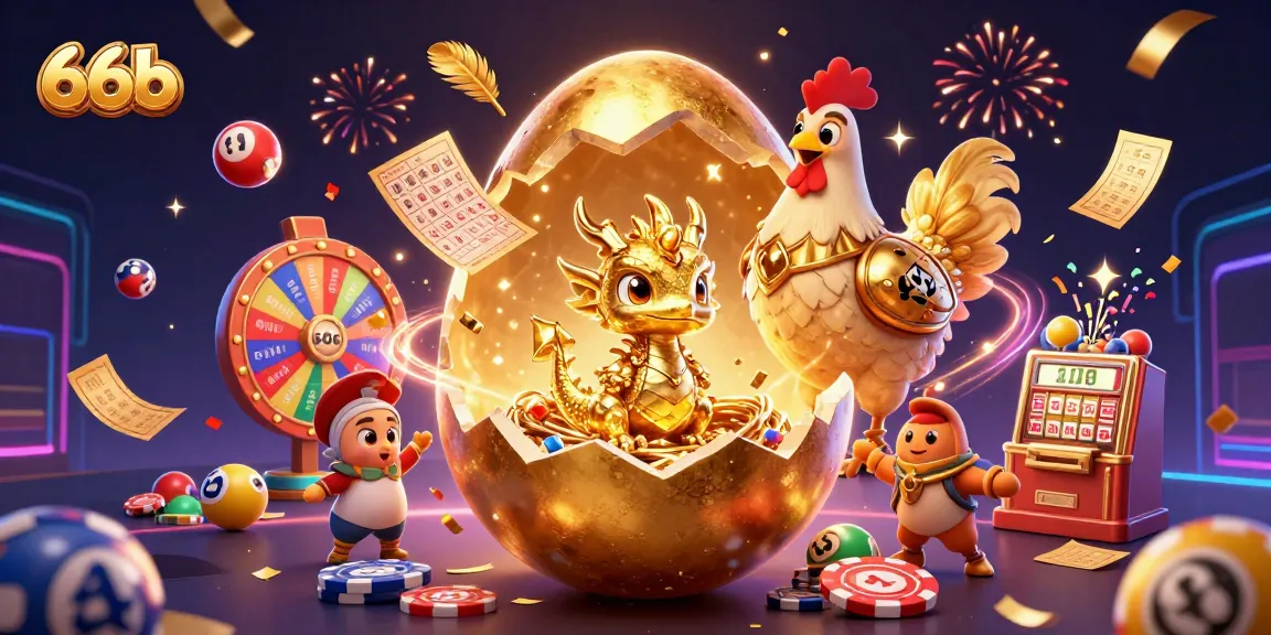 Engage with 66b's vibrant world of gaming featuring a golden dragon and lottery elements.