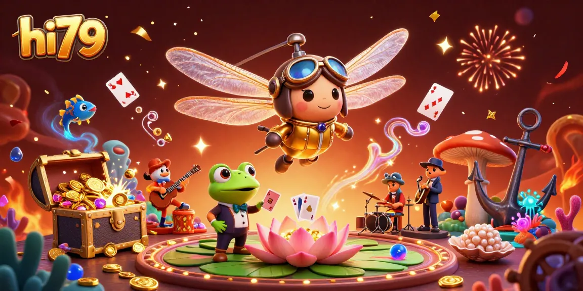Experience hi79's dynamic casino world with a dragonfly pilot, frog dealer, and vibrant celebrations.