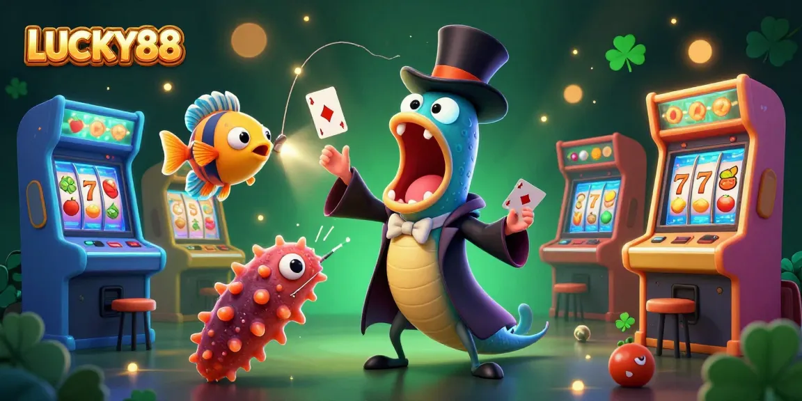 LUCKY88's magical casino scene featuring characters performing tricks among slot machines and vibrant gaming elements.