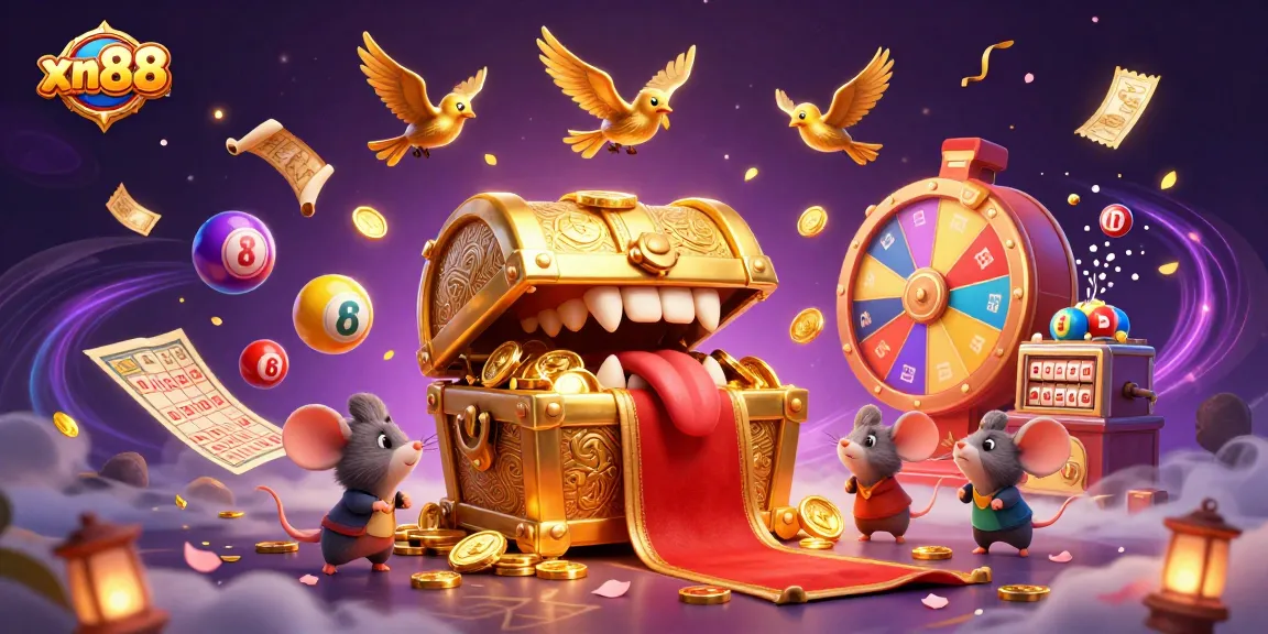 Experience the excitement of xn88 with golden treasures, lottery balls, and vibrant casino elements.