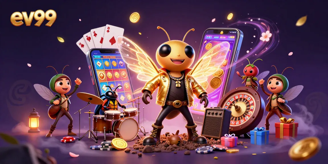 Capture the excitement of ev99 gaming with a cicada rock star and casino elements in a rich 3D illustration