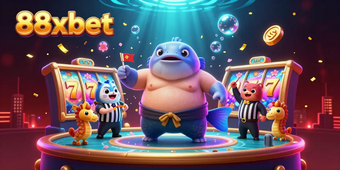 Experience the thrill of 88xbet with vibrant scenes from an underwater casino featuring unique characters and slot game action.