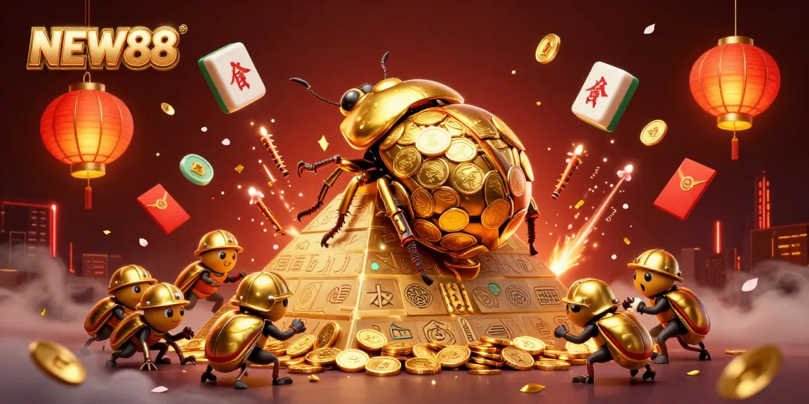 Experience vibrant excitement at NEW88 with a massive golden dung beetle triumphantly rolling coins and more.