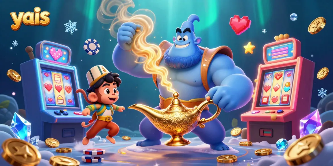 Spin the reels at yais' vibrant casino with a magical genie and Aladdin-style monkey.
