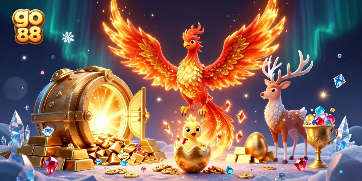 Engage with go 88 in this vibrant 3D casino illustration showcasing a phoenix and treasures.