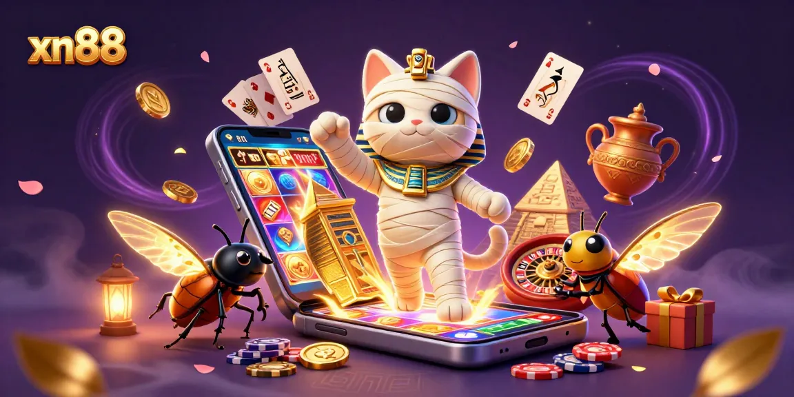 Experience xn88's vibrant pyramid casino with a mummy cat and glowing scarab in action.