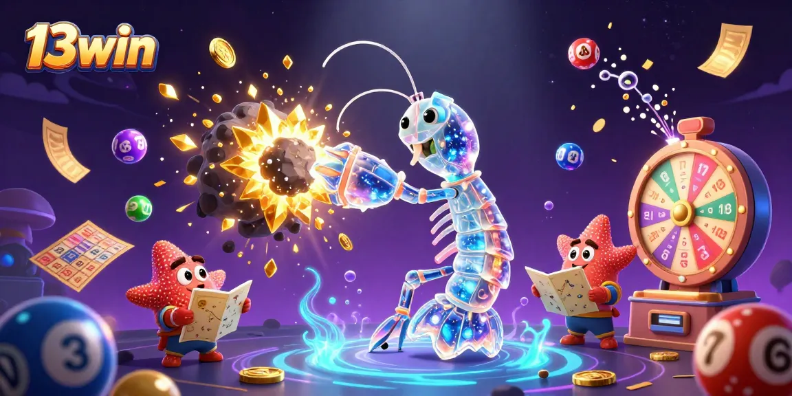 Experience thrilling gameplay with 13win's vibrant 3D casino illustration showcasing dynamic lottery elements.