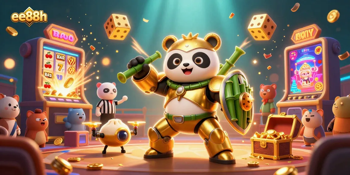 Experience thrilling wins at ee88h with a vibrant 3D rendering of a casino scene featuring a golden panda and dynamic game elements.