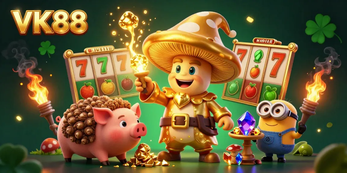 Experience the magic of VK88 as gaming characters uncover treasures in a vibrant casino scene.