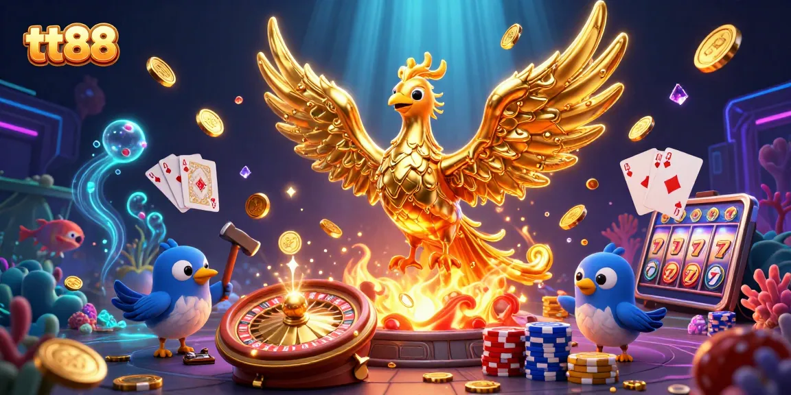 tt88 players enjoy a vibrant 3D illustration of a golden phoenix and riches in an underwater world