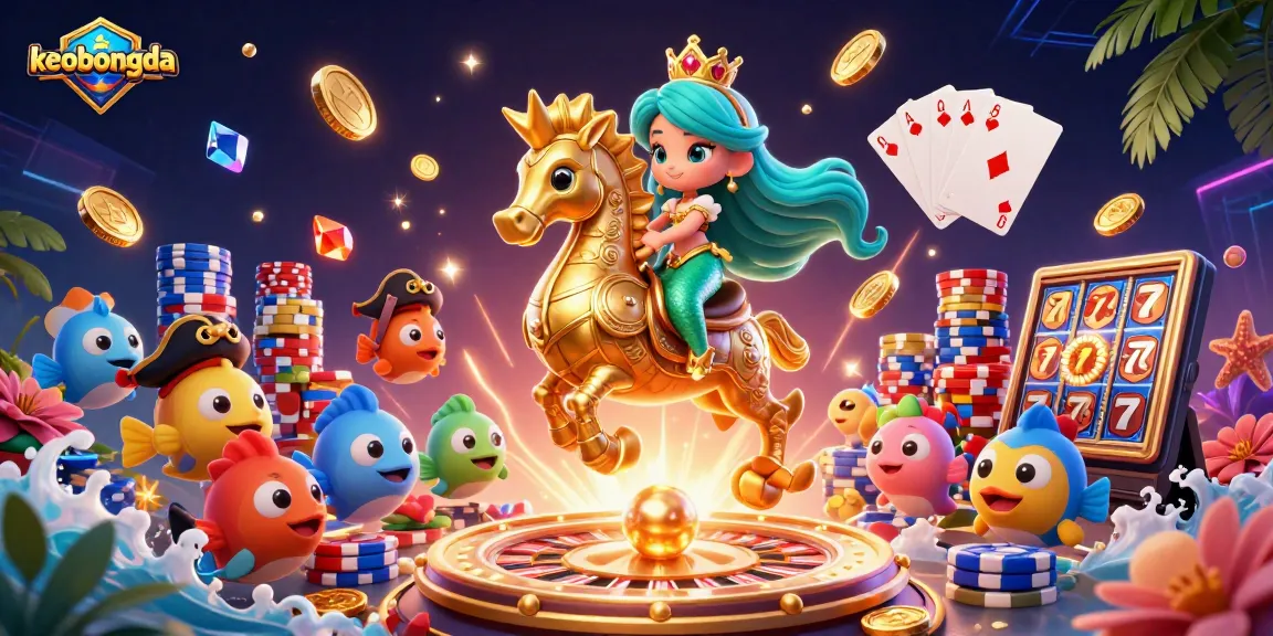 Engage with keobongda's vibrant 3D casino scene showcasing a mermaid, seahorse, and dynamic gambling elements.