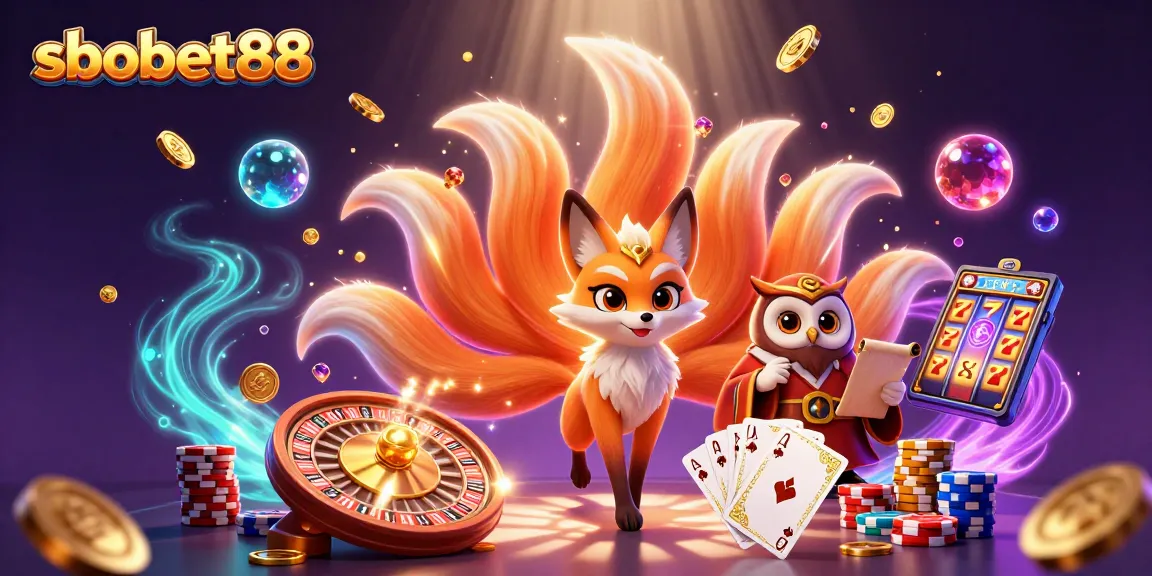 Experience vibrant sbobet88 gaming with a nine-tailed fox spirit, wise owl, and classic casino elements.