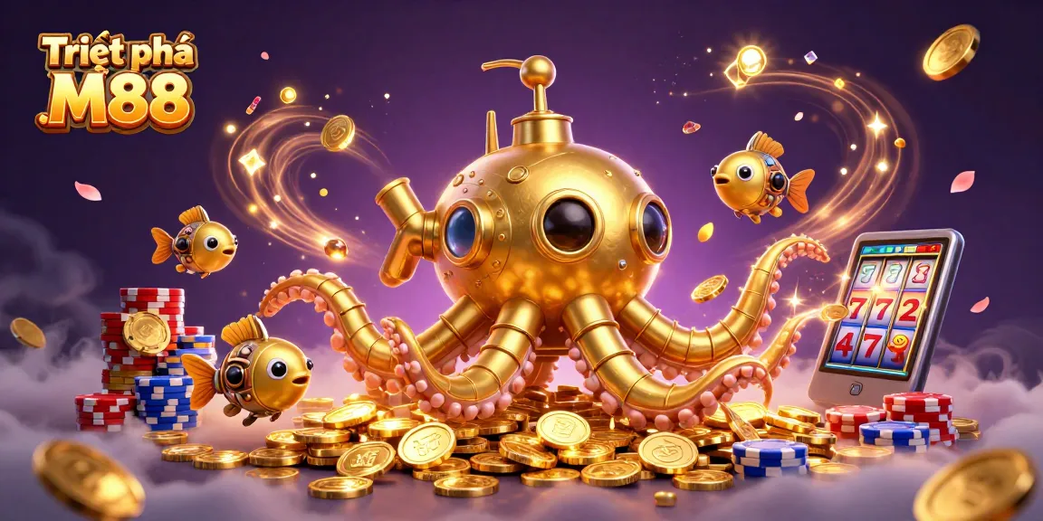 Triệt phá M88 showcases an engaging 3D kraken submarine amidst a vibrant casino scene.