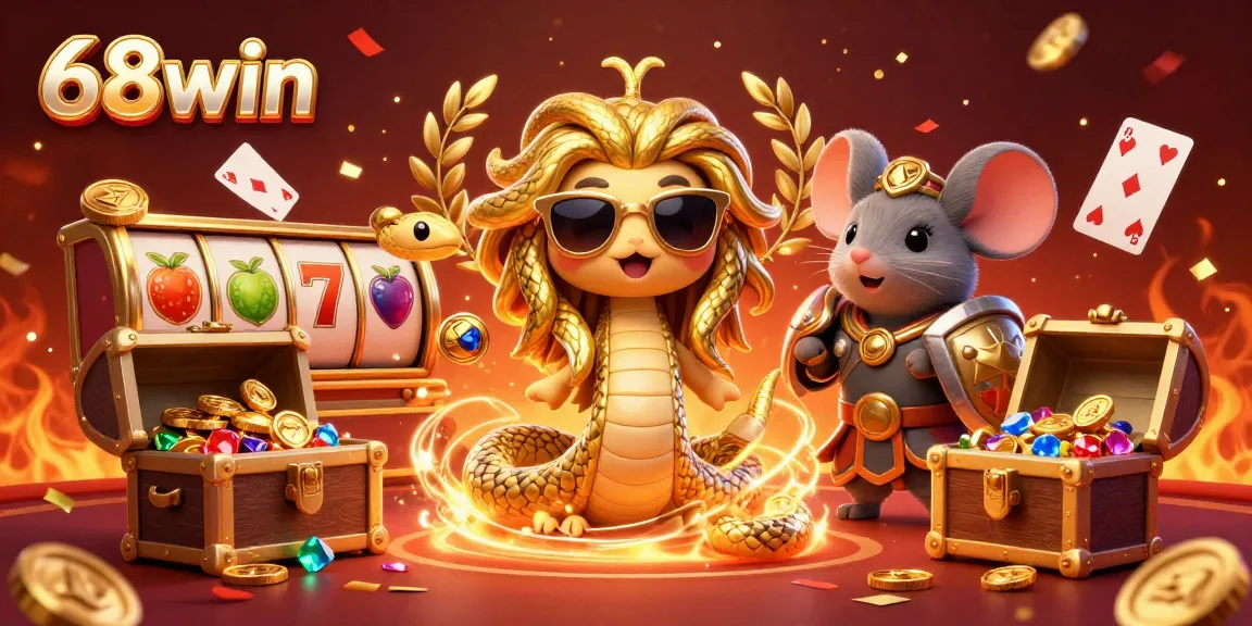 Engage with 68win's colorful gaming scene featuring Medusa and a warrior mouse surrounded by dynamic casino elements and celebrations.
