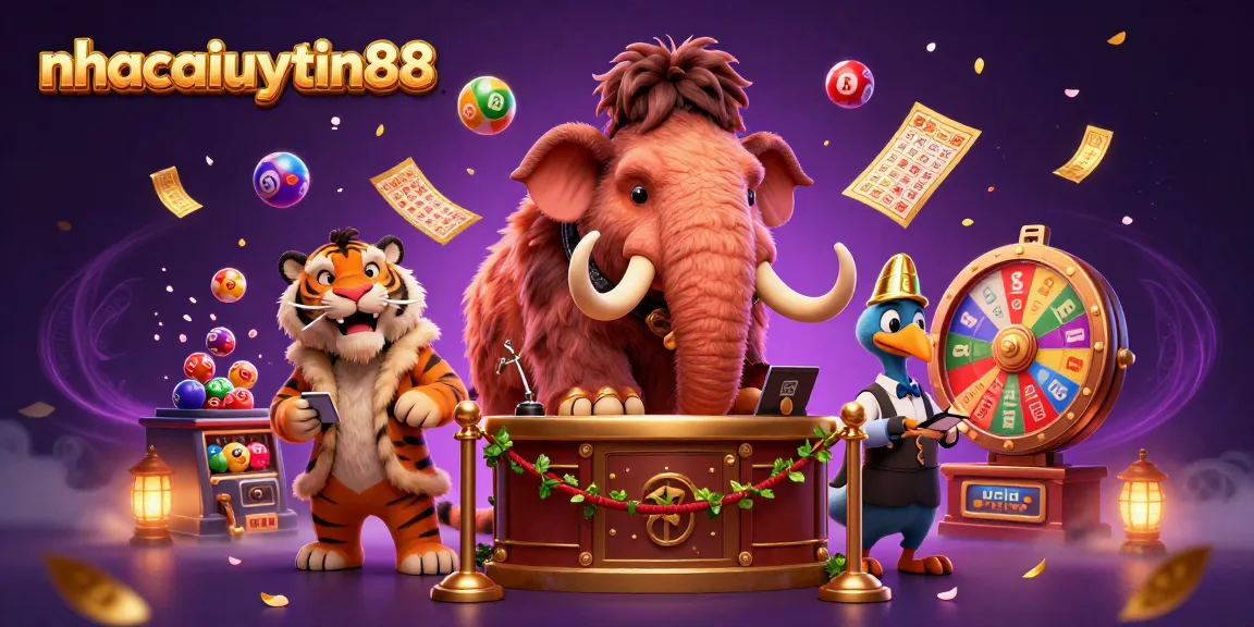 Experience the excitement of nhacaiuytin88 with vibrant lottery balls and casino characters creating a festive atmosphere.