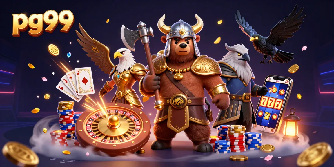 Experience exciting gaming adventures with pg99 in this vibrant, detailed casino illustration.