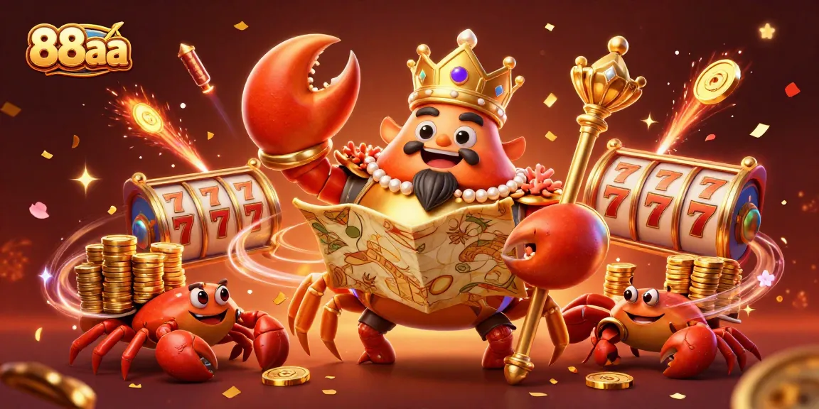 Engage in thrilling wins at 88aa with a vibrant scene of a golden crab emperor celebrating around slot reels.