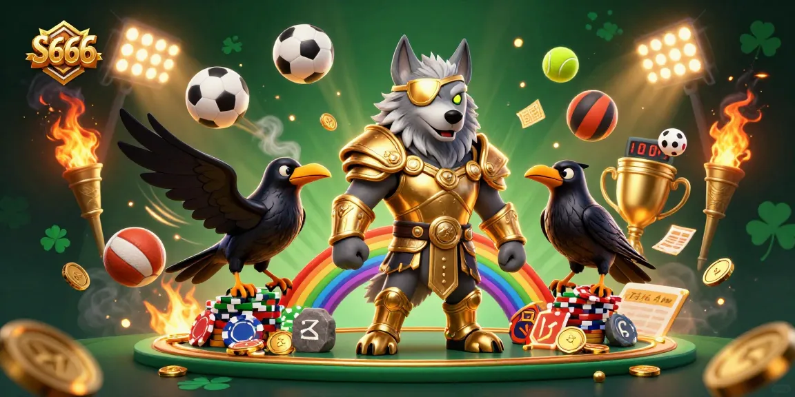 S666 gaming experience illustrated with Odin wolf and flying sports elements at a vibrant casino bridge.