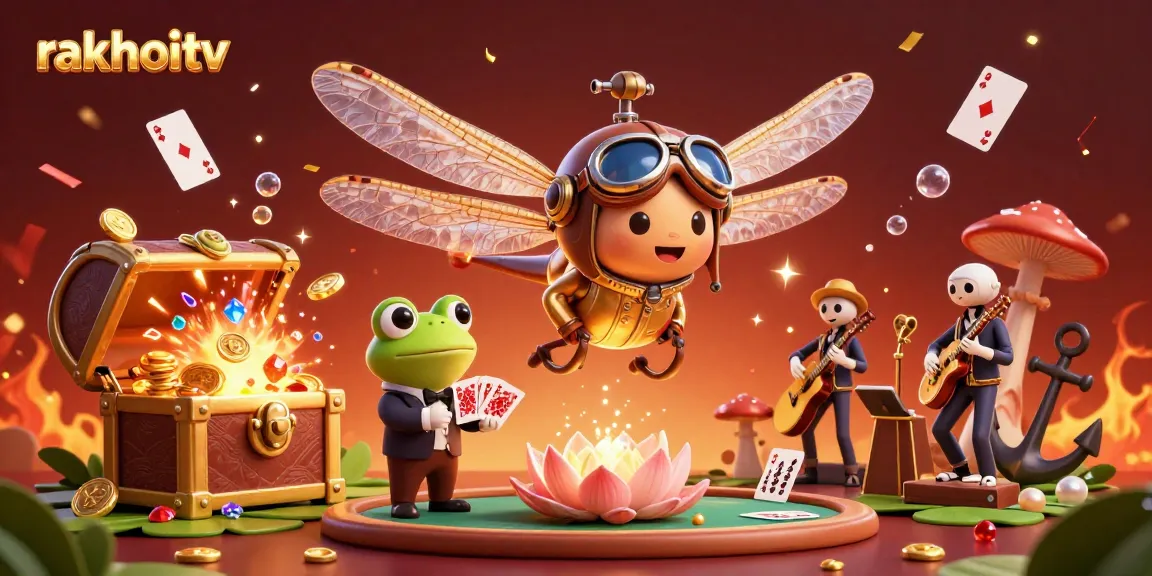 Experience thrilling gaming at rakhoitv with a lively 3D illustration of a dragonfly pilot and frog croupier.