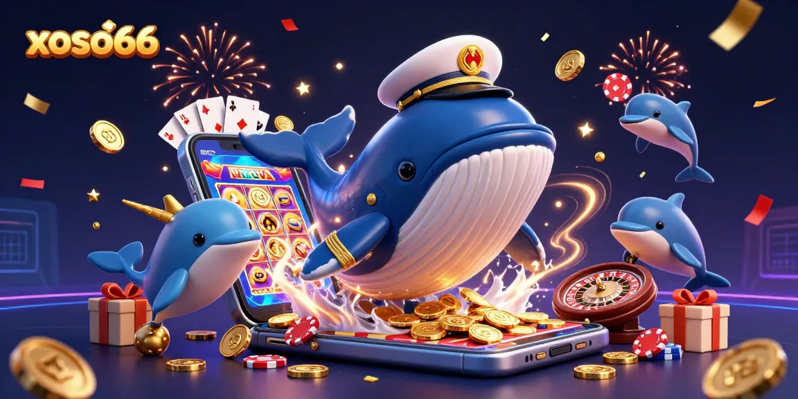 Xoso66 showcases a vibrant 3D scene with interactive gambling elements and playful characters like a whale and dolphins.