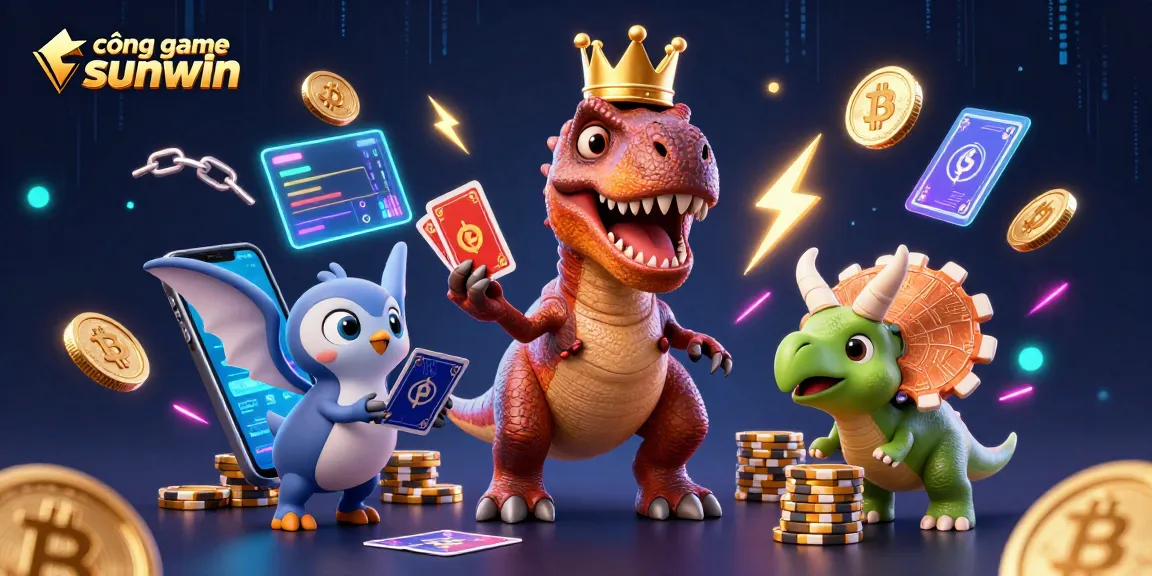 Engage with cổng game sunwin's vibrant graphics, featuring dinosaurs and crypto elements celebrating gaming.