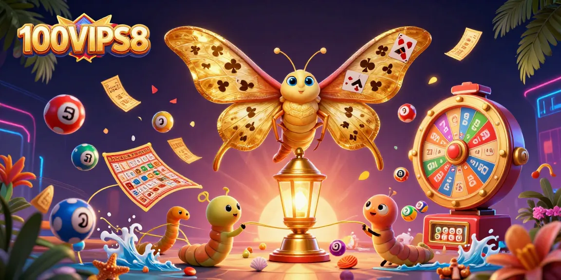Engage with vibrant action at 100VIPS8 featuring diverse lottery elements and a unique casino moth scene.