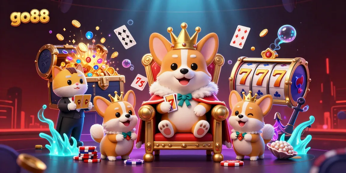 Engage in exciting casino fun with go88 featuring a royal corgi and vibrant slot elements.