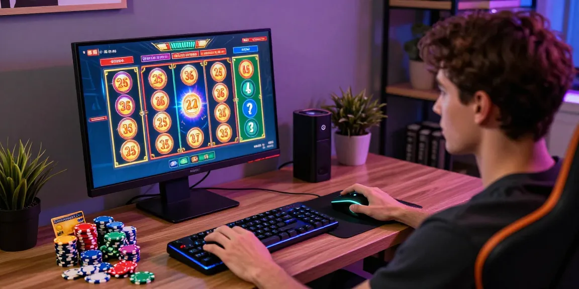 Exciting home gaming setup featuring credit card casino sites, showcasing a player engaged with online slots, Visa and Mastercard stacked beside colorful chips.