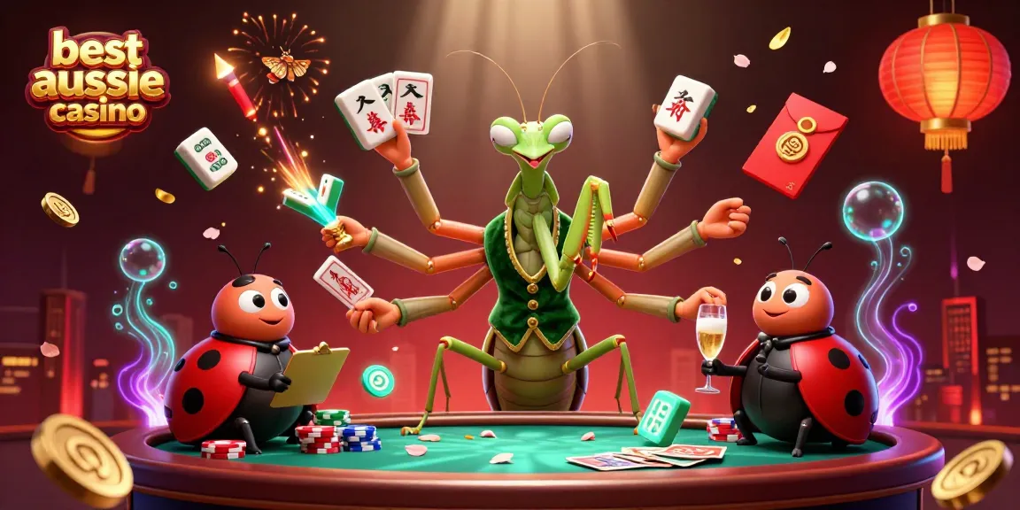Engage with the best aussie online casino in a vibrant scene featuring a giant card sharp and ladybug pit boss.