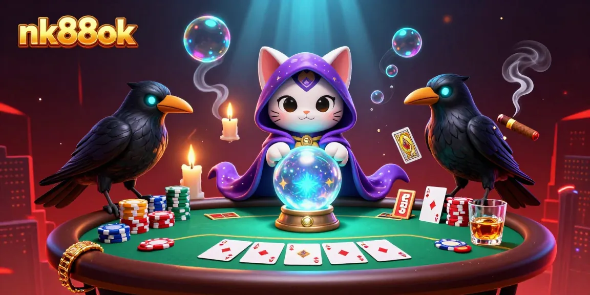 Engage with nk88ok as players strategize at a dynamic poker table with vibrant casino elements.