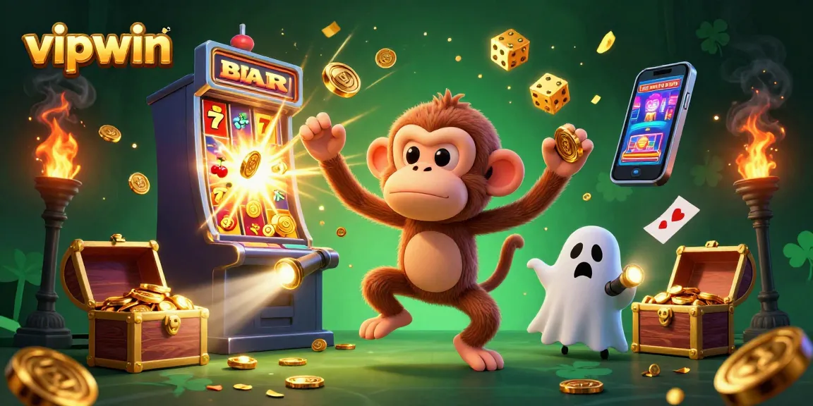Experience the thrilling world of vipwin online casino as a mischievous monkey juggles gold in a haunted setting.