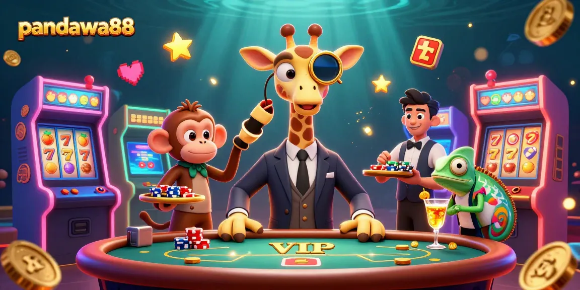 Pandawa88 showcases a high-roller giraffe and friends enjoying vibrant slot games, embodying excitement and fun.